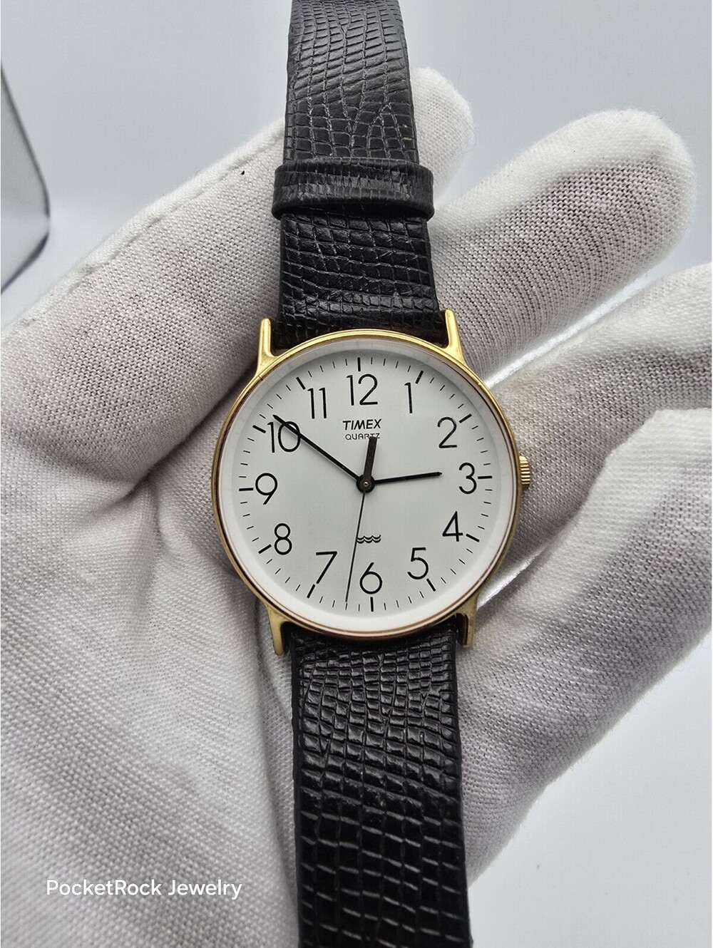 Timex Quartz Gold Tone White Dial Arabic Numerals Black Leather Watch 34mm